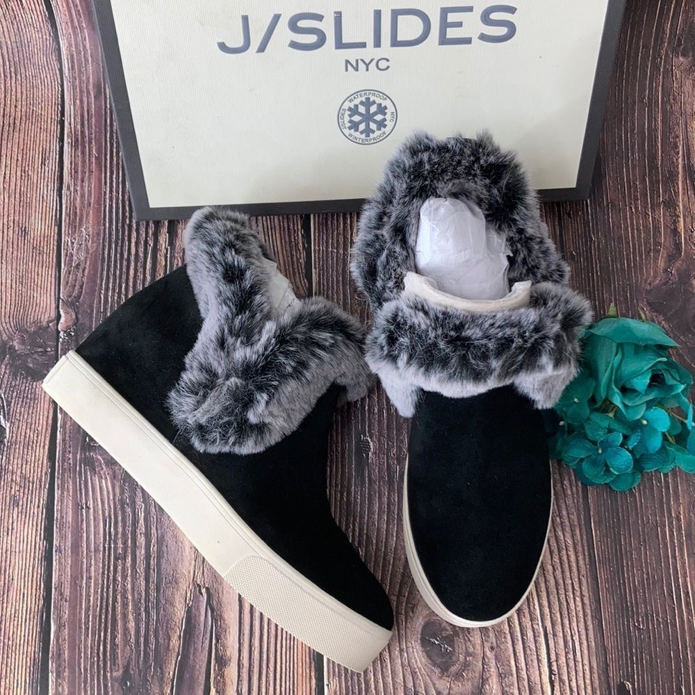 J/Slides Women's Sean Faux Fur Trim Waterproof Sneaker Booties 8.5M